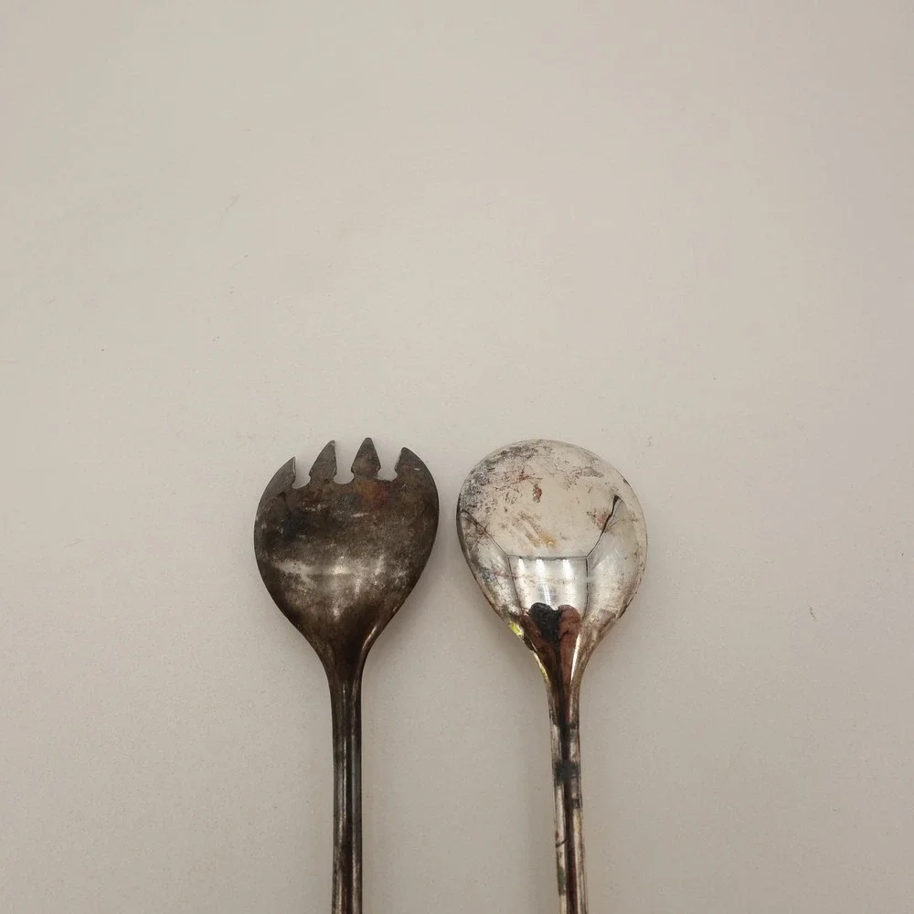 Vintage Silver Plated Italy Salad Servers Spoon and Fork Set Tarnish Patina 9